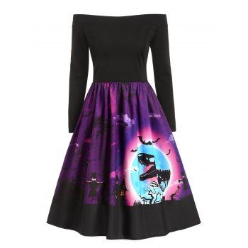 

Halloween Dinosaur Owl Print Off Shoulder Dress, Dark orchid