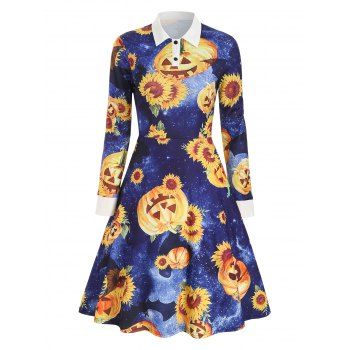 

Halloween Sunflower Pumpkin Print Long Sleeve Dress, Midnight blue