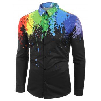 

Long Sleeves Splatter Painting Print Button Shirt, Black