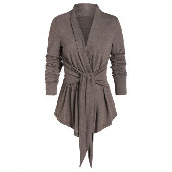 

Knot Front Space Dye Print Asymmetric Cardigan, Deep brown