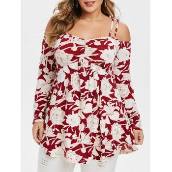 

Plus Size Open Shoulder Ditsy Print T Shirt, Red wine