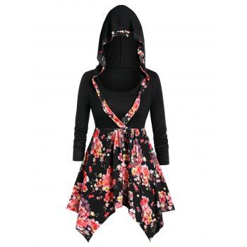 

Plus Size Handkerchief Hooded Floral Print T-shirt, Black
