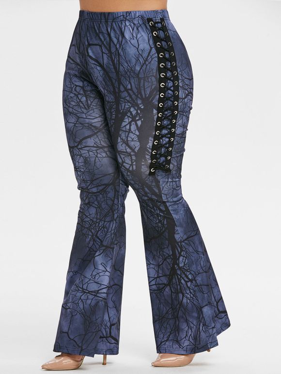 Pantalon Evasé Branche Imprimée de Grande Taille à œillets à Lacets - Noir 5X