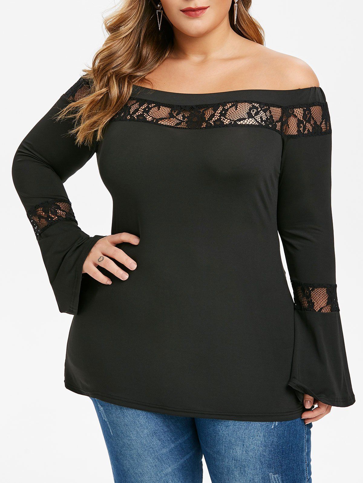 Lace Panel Bell Sleeve Plus Size Off The Shoulder Top
