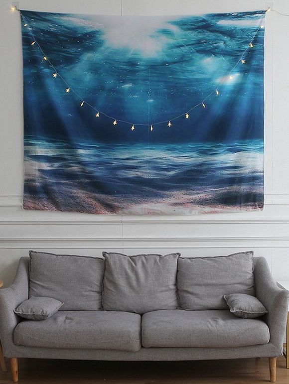 Tapisserie Monde de Mer Imprimée avec Lumière LED - Bleu Lierre W59 X L79 INCH