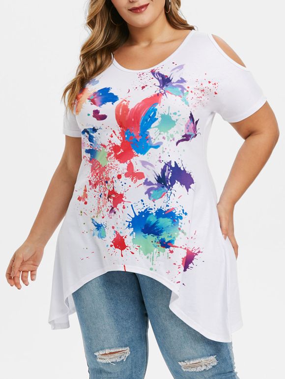 T-shirt Asymétrique Peinture Eclaboussée à Epaule Dénudée de Grande Taille - Blanc Lait 4X