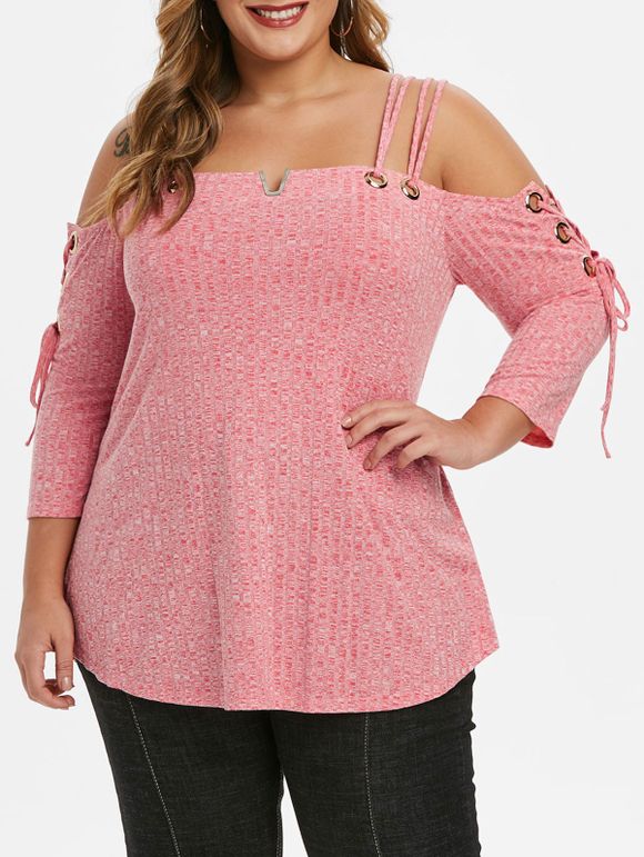 Épaule froide Taille Spaghetti Strap plus T-shirt - Rose clair 5X