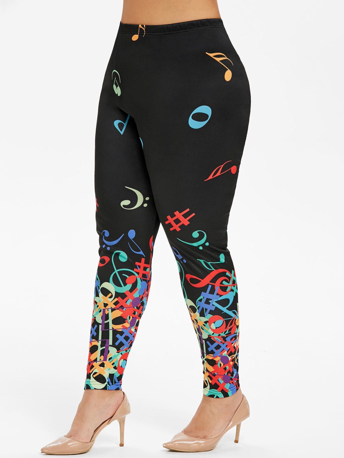 

Plus Size High Rise Musical Notes Print Leggings, Black