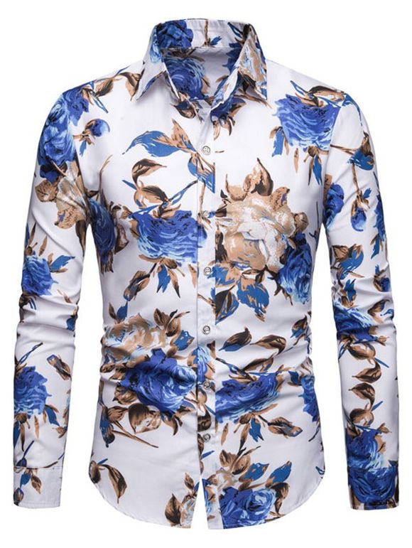 Chemise Boutonnée Fleur Imprimée à Manches Longues - Bleu XL