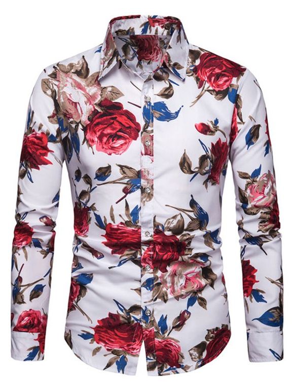 Chemise Boutonnée Fleur Imprimée à Manches Longues - Rouge XL