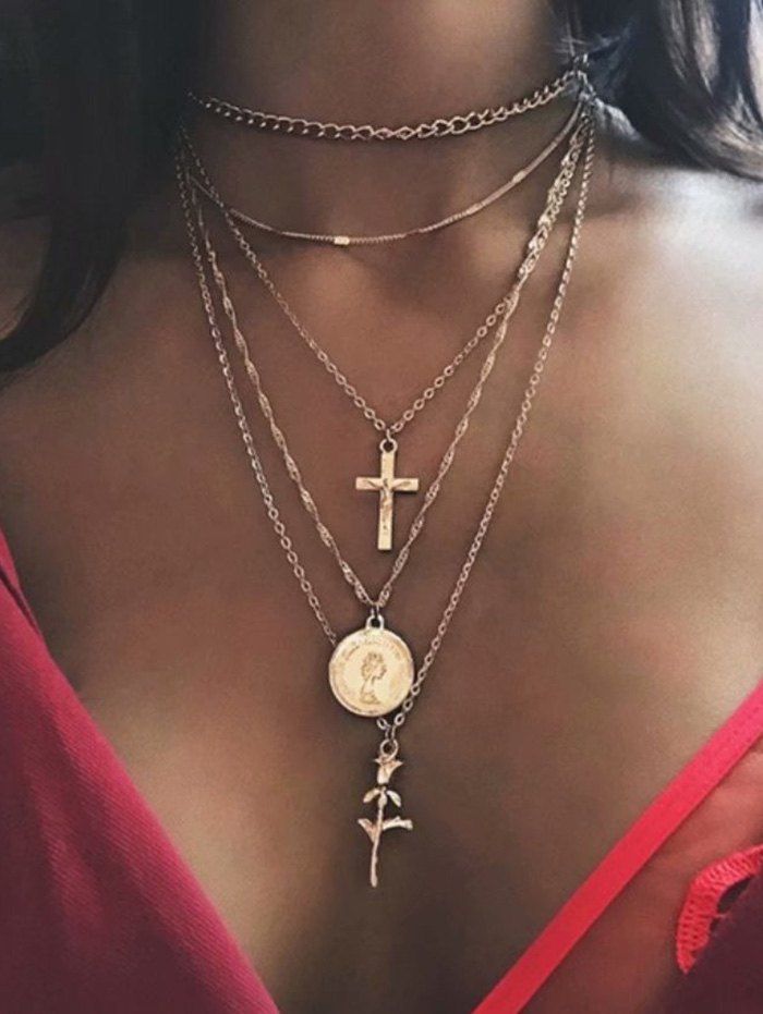 Alloy Rose Flower Crucifix Layered Necklace - GOLD 