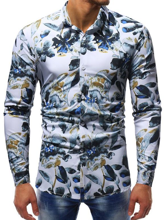 Chemise Vintage Boutonnée Fleur Imprimée - Blanc 2XL