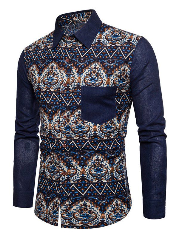 

Ethnic Floral Zigzag Print Pocket Button Down Shirt, Cadetblue