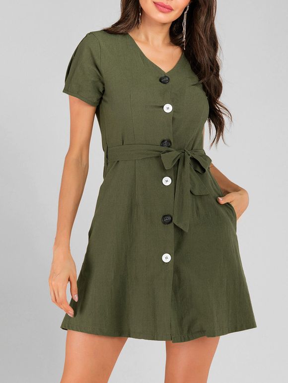 Button Fly Belted Pocket Short Casual Dress - ARMY GREEN XL
