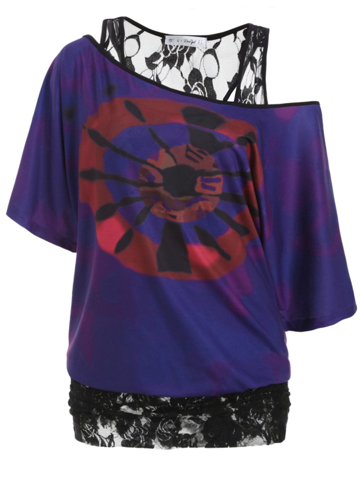 

Printed Batwing Sleeve Lace Panel Plus Size Top, Purple