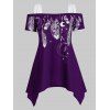 T-shirt Mouchoir Lune Imprimée à Epaule Dénudée en Mousseline - Orchidée Foncée L