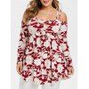 T-shirt Imprimé Fleuri à Epaule Ouverte de Grande Taille - Rouge Vineux 4X