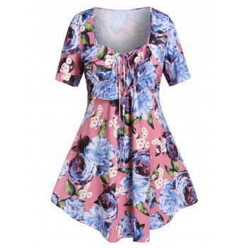 

Plus Size Tie Sweetheart Collar Floral Print T Shirt, Pink