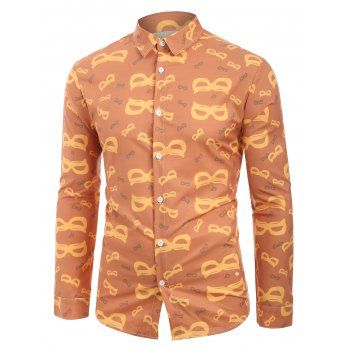 

Halloween Eye Mask Print Long Sleeve Button Up Shirt, Dark orange