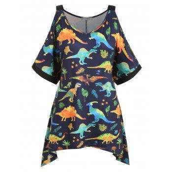 

Dinosaur Print Cold Shoulder Asymmetrical Plus Size Top, Midnight blue