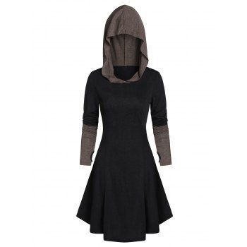 

Hooded Glove Sleeve Lace-up Contrast Flare Dress, Dark slate grey