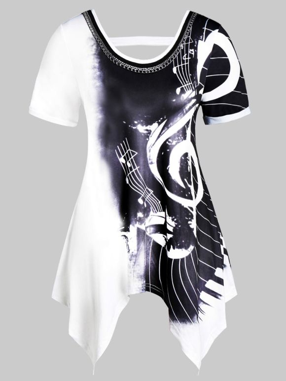 T-shirt Asymétrique Embelli de Chaîne Note de Musique Imprimée de Grande Taille - multicolor A 4X