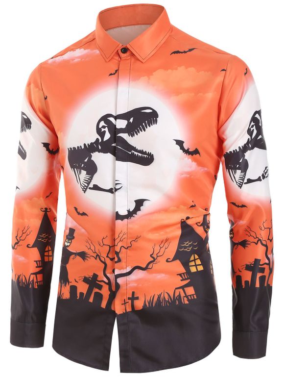 Chemise d'Halloween Décontractée Imprimée à Manches Longues - Orange Halloween XL