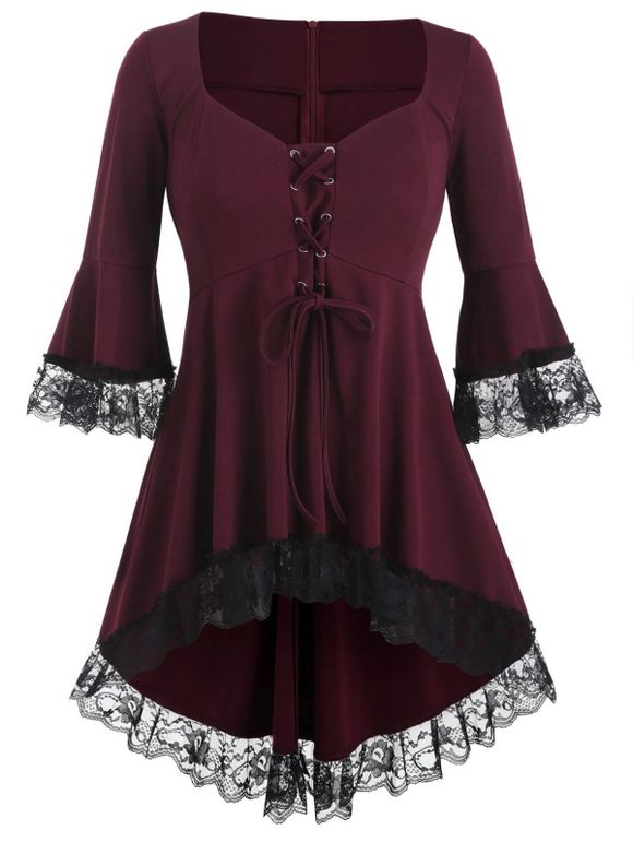 Blouse Haute Basse Panneau en Dentelle de Grande Taille à Lacets - Rouge Vineux L