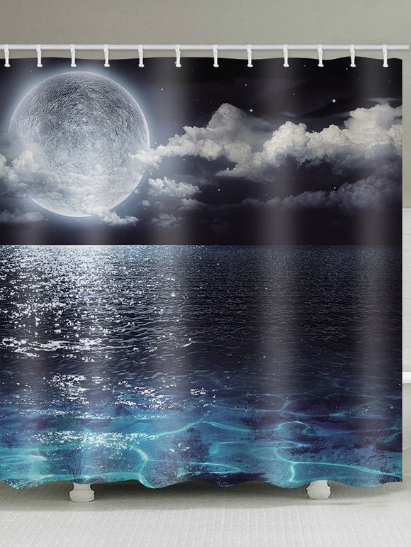 Rideau de Douche Imperméable Nuit Lune et Mer Imprimés pour Salle de Bain - Bleu W71 X L79 INCH