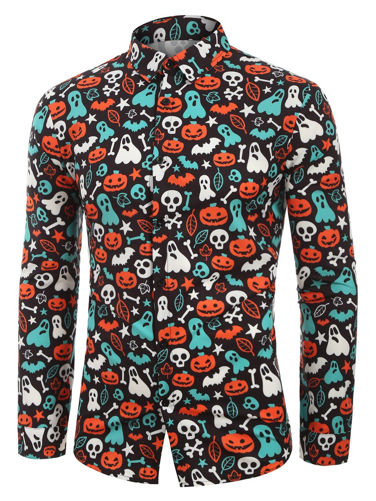 Halloween Skull Pumpkin Leaf Star Print Button Up Shirt - multicolor XS