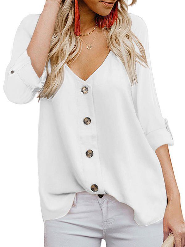 Plunging Button Up Roll Tab Blouse - WHITE XL