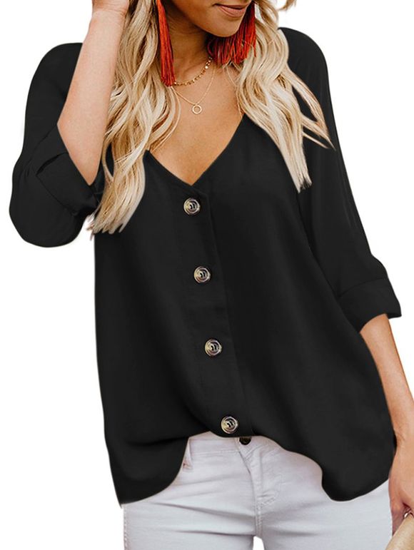 Plunging Button Up Roll Tab Blouse - BLACK XL