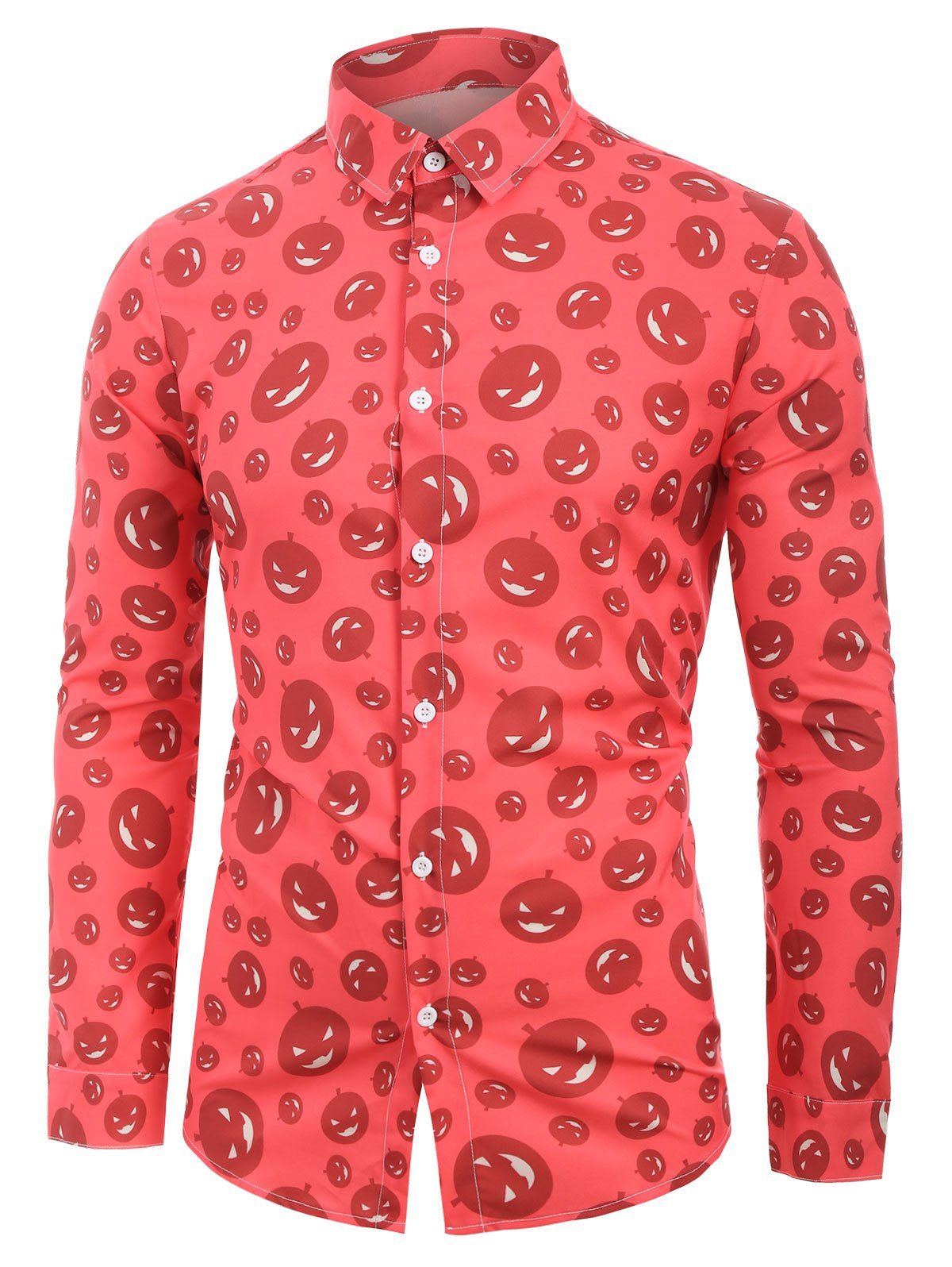 Chemise d'Halloween Citrouille Imprimée Partout Manches Longues à Ourlet Courbe - Châtaigne Rouge XS