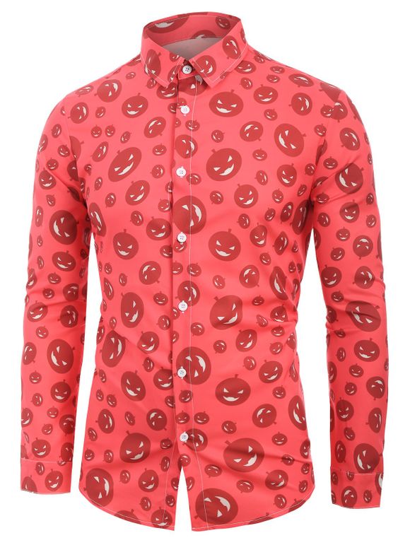 Chemise d'Halloween Citrouille Imprimée Partout Manches Longues à Ourlet Courbe - Châtaigne Rouge XL