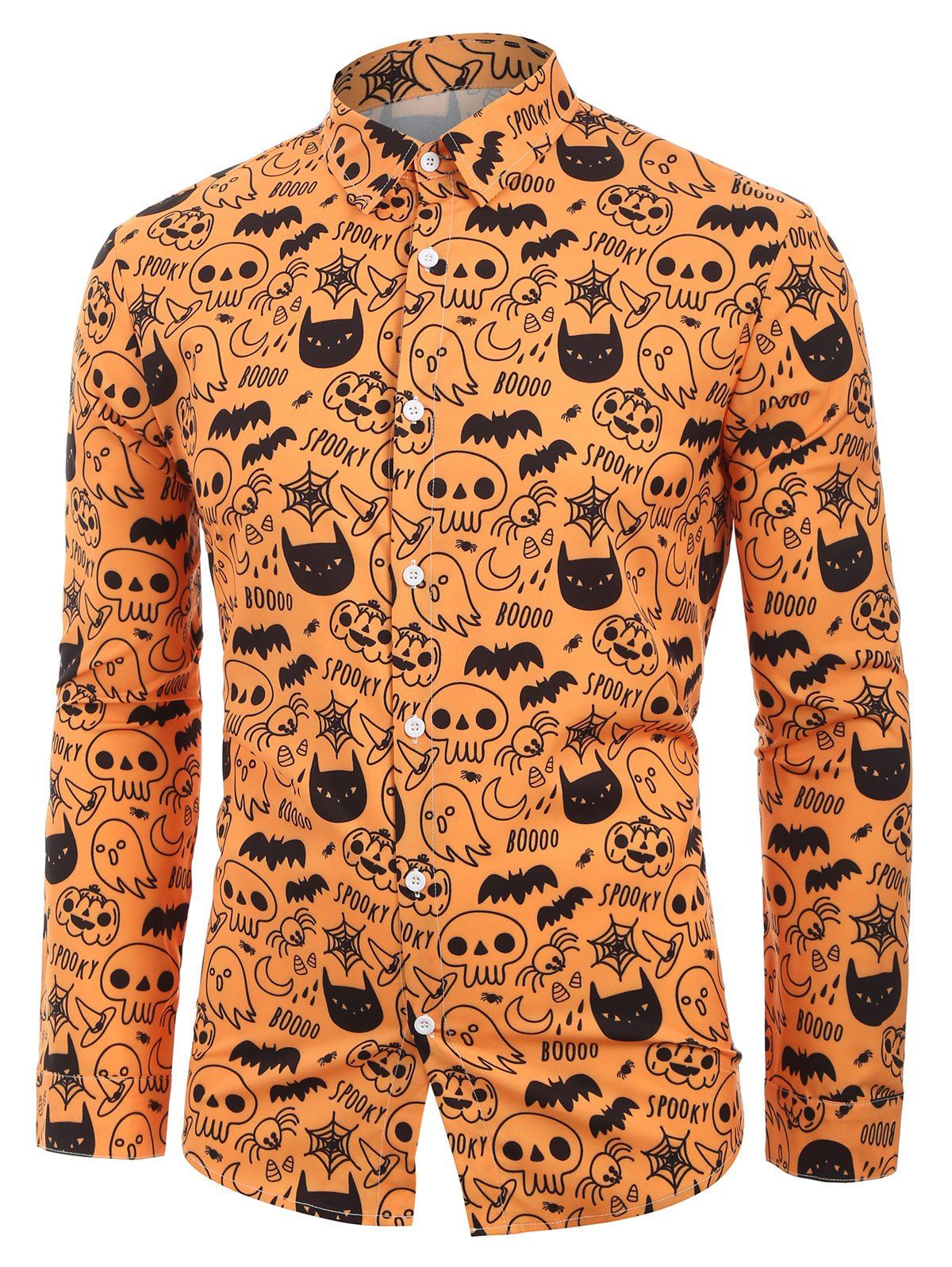 Skull Pumpkin Spider Cat Print Halloween Shirt - DARK ORANGE XS