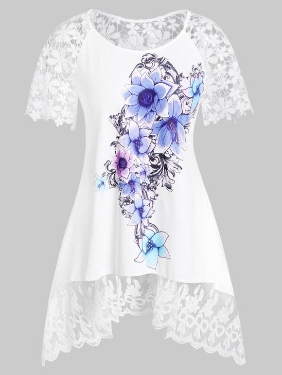T-shirt Tunique Panneau au Crochet Fleur Imprimée de Grande Taille - Blanc 4X