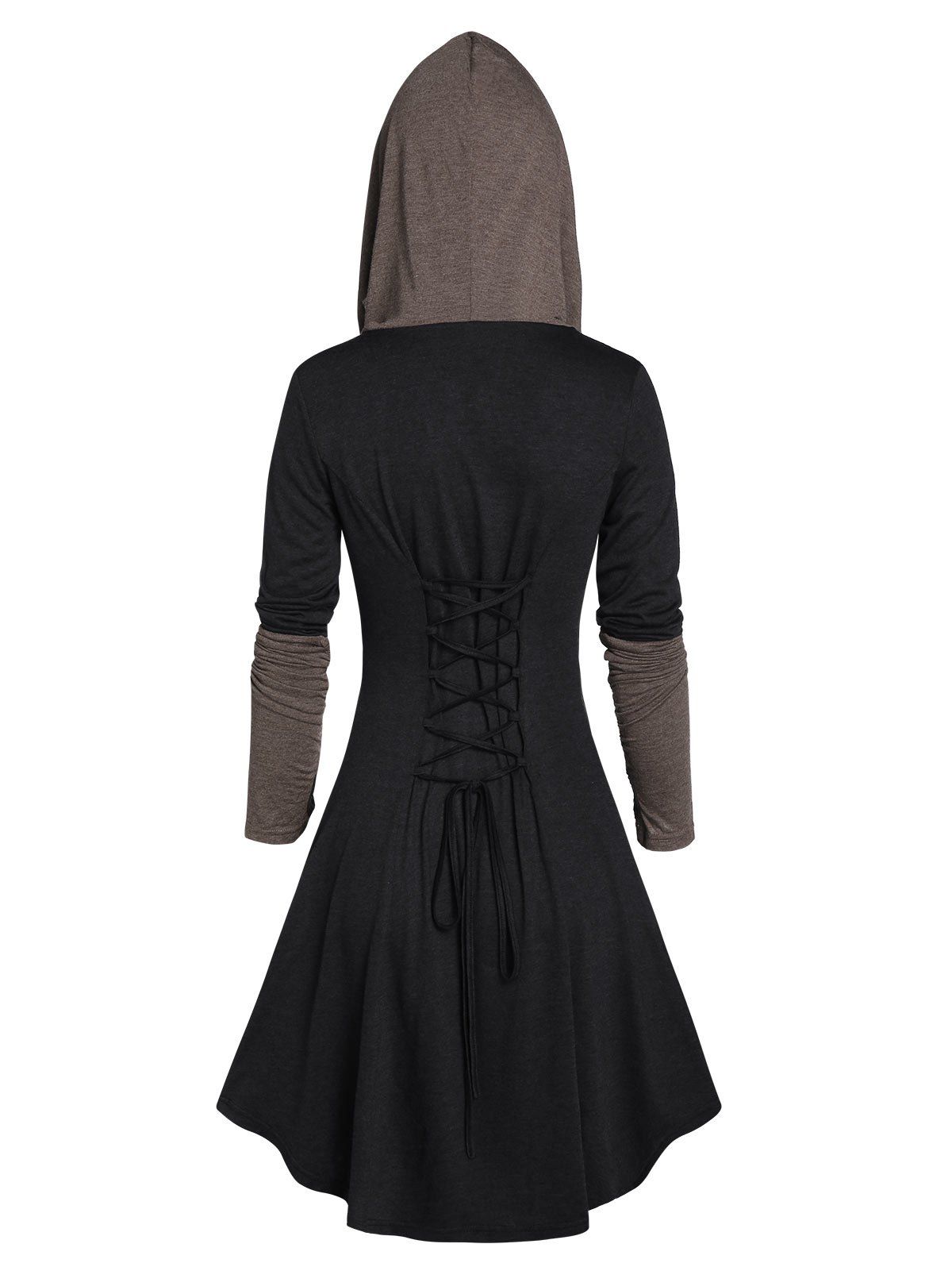 [35% OFF] 2020 Hooded Glove Sleeve Lace-up Contrast Flare Dress In DARK ...