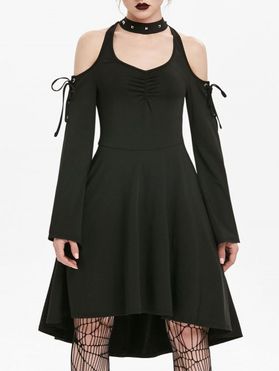Gothic Cold Shoulder Lace Up Flare Sleeve Skater A Line Dress
