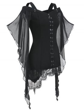 Gothic Criss Cross Lace Insert Butterfly Sleeve T-shirt
