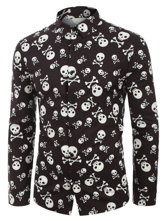 Chemise d'Halloween Boutonnée Crâne Imprimée Partout - Noir 2XL