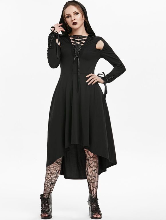 Robe à Capuche d'Halloween Gothique à Manches Longues à Lacets - Noir XL