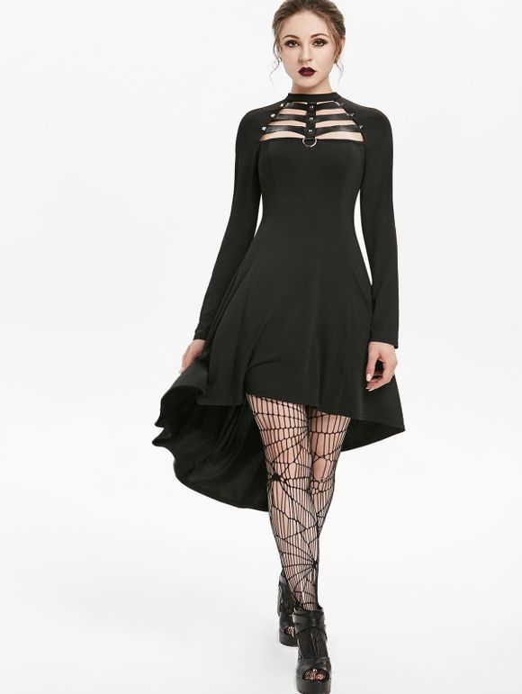 Rivet Embellished Faux Leather Insert Lattice High Low Gothic Dress - BLACK M