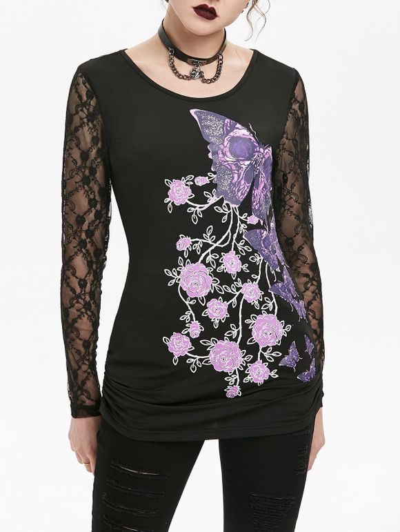 T-shirt Gothique Tunique Transparent Papillon Imprimé - Noir 2XL