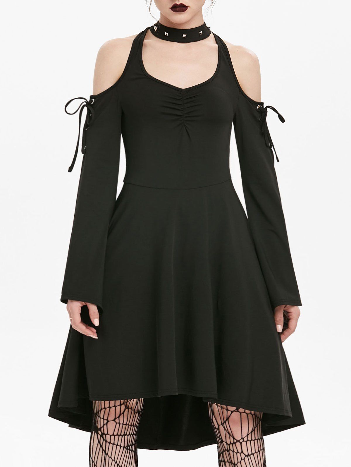Gothic Cold Shoulder Lace Up Flare Sleeve Skater A Line Dress - BLACK M