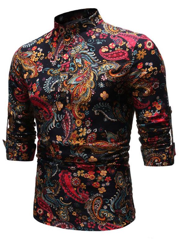 Chemise à Demi-bouton Cachemire Imprimé à Manches Longues - Noir XL