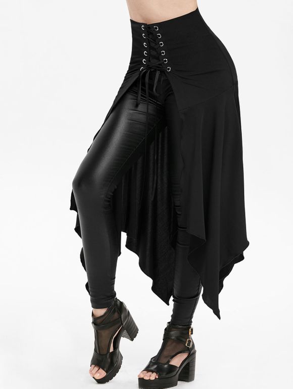 Asymmetric Lace-up Slit Front Skirt - BLACK M