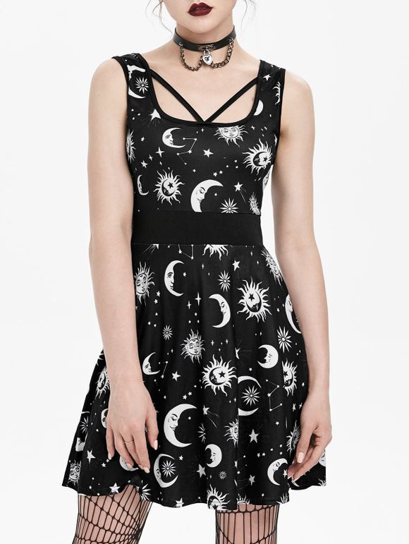 Mini-Robe Gothique Etoile Lune et Soleil Imprimés Sans Manches - Noir L