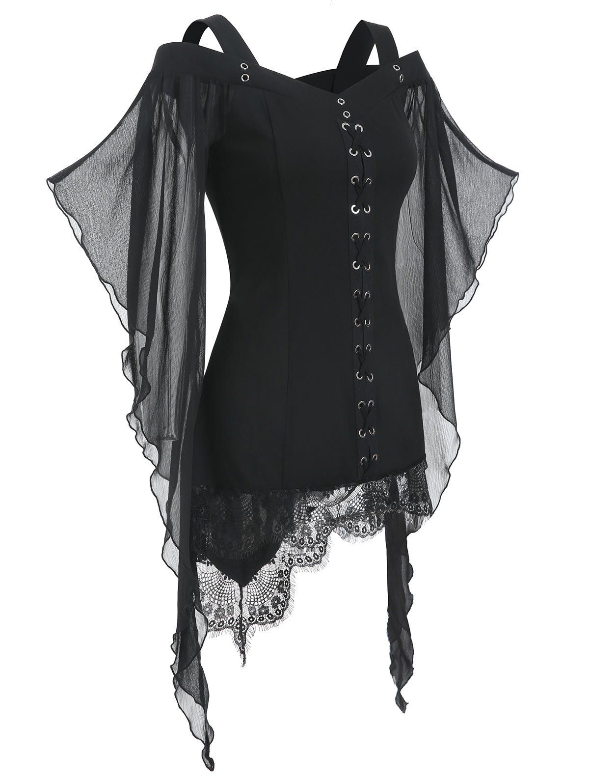 Gothic Criss Cross Lace Insert Butterfly Sleeve T-shirt - BLACK M