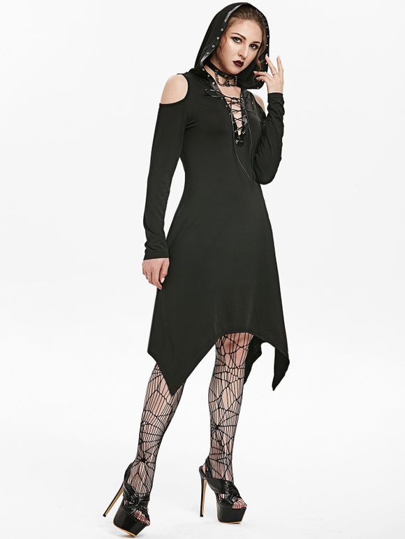 Robe à Capuche Gothique Mouchoir à Epaule Dénudée à Lacets - Noir XL