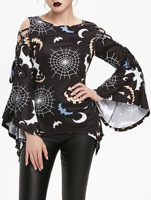 T-shirt d'Halloween Asymétrique Chauve-souris Toile d'Araignée à Lacets - Noir XL